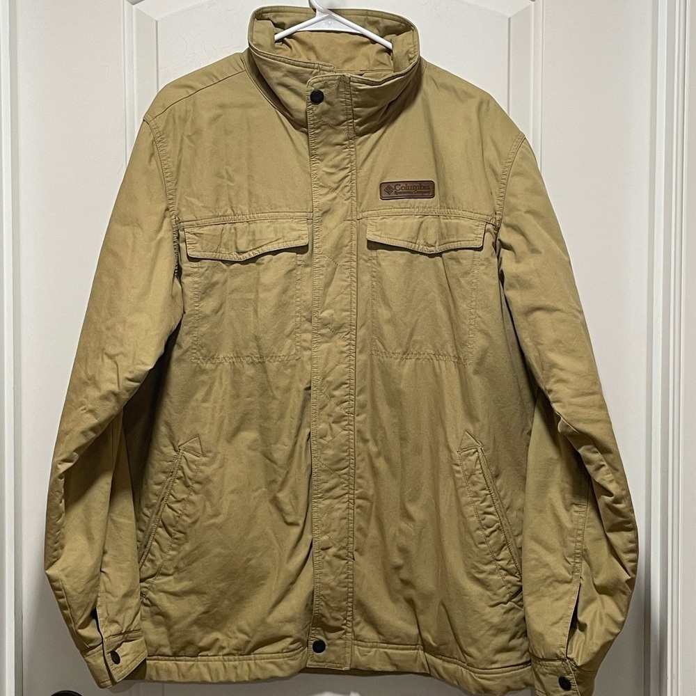 Columbia Medium Weight Sz Large Fleece Lined Tan Field Jacket Chest Pockets